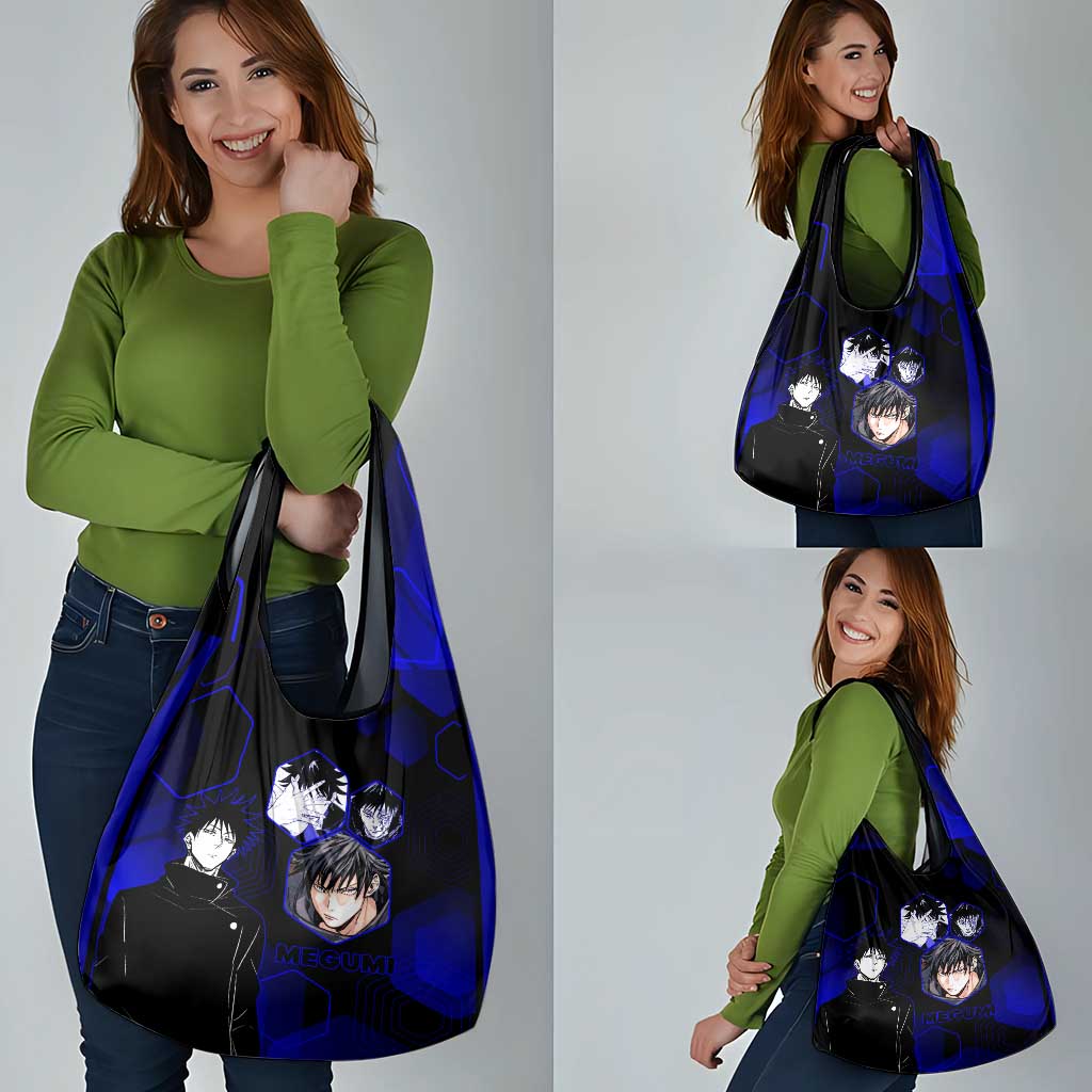Megumi Fushiguro Jujutsu Kaisen Blue Hexagon Design Grocery Bag with Shadow Techniques and Manga Style Art - The Mazicc