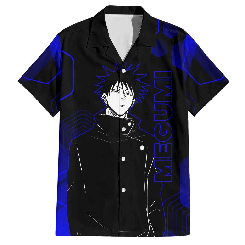 Megumi Fushiguro Jujutsu Kaisen Blue Hexagon Design Hawaiian Shirt with Shadow Techniques and Manga Style Art - The Mazicc