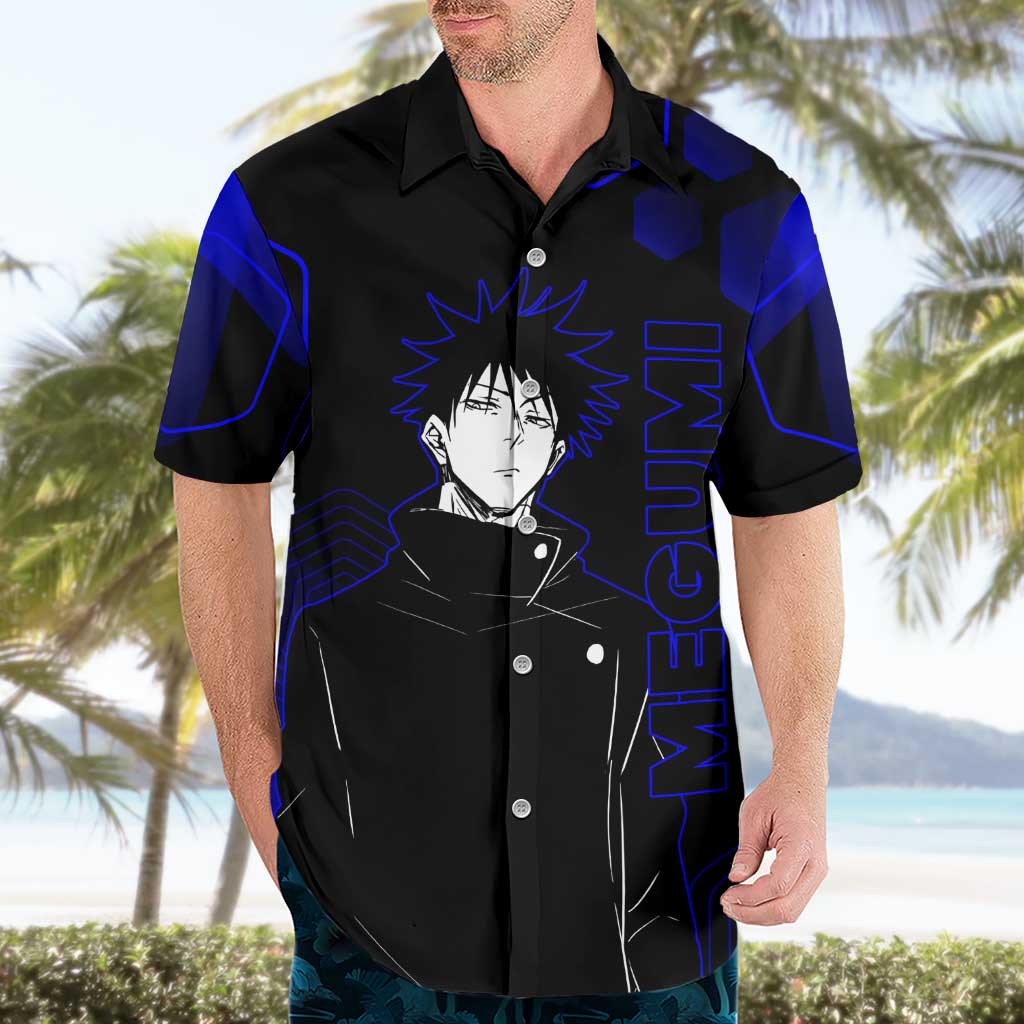 Megumi Fushiguro Jujutsu Kaisen Blue Hexagon Design Hawaiian Shirt with Shadow Techniques and Manga Style Art - The Mazicc