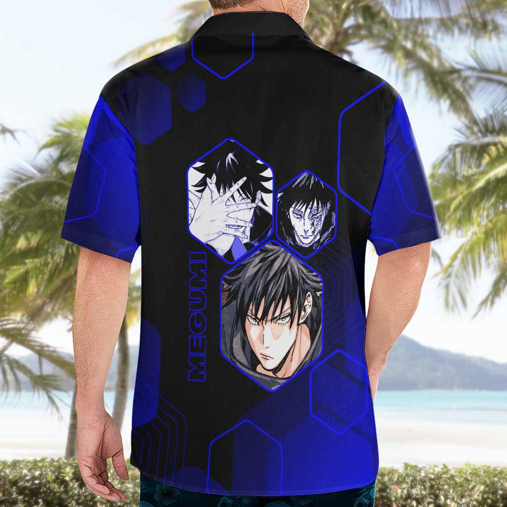 Megumi Fushiguro Jujutsu Kaisen Blue Hexagon Design Hawaiian Shirt with Shadow Techniques and Manga Style Art - The Mazicc