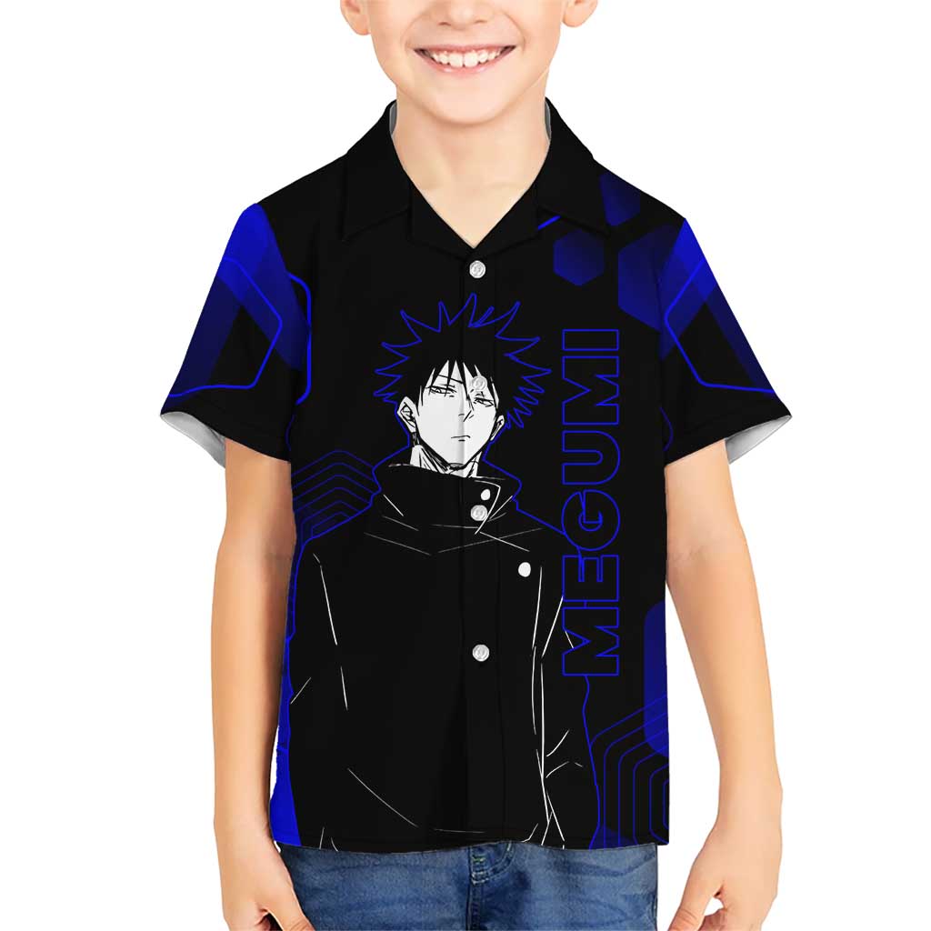 Megumi Fushiguro Jujutsu Kaisen Blue Hexagon Design Hawaiian Shirt with Shadow Techniques and Manga Style Art - The Mazicc
