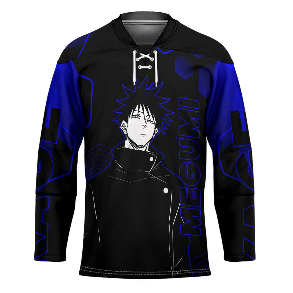 Megumi Fushiguro Jujutsu Kaisen Blue Hexagon Design Hockey Jersey with Shadow Techniques and Manga Style Art - The Mazicc