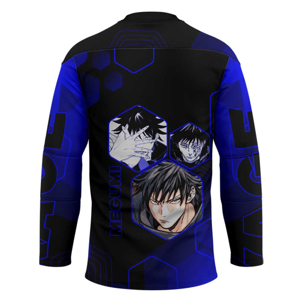 Megumi Fushiguro Jujutsu Kaisen Blue Hexagon Design Hockey Jersey with Shadow Techniques and Manga Style Art - The Mazicc