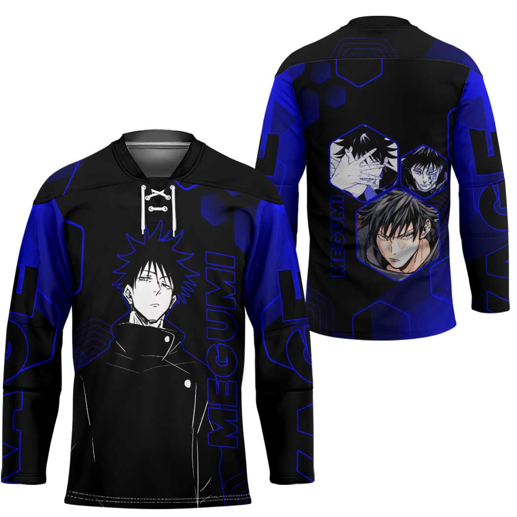 Megumi Fushiguro Jujutsu Kaisen Blue Hexagon Design Hockey Jersey with Shadow Techniques and Manga Style Art - The Mazicc
