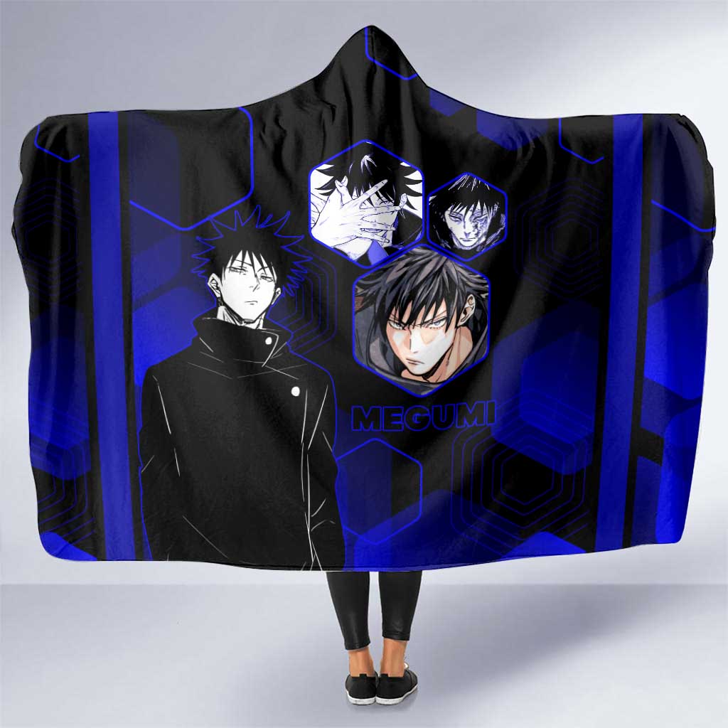 Megumi Fushiguro Jujutsu Kaisen Blue Hexagon Design Hooded Blanket with Shadow Techniques and Manga Style Art - The Mazicc