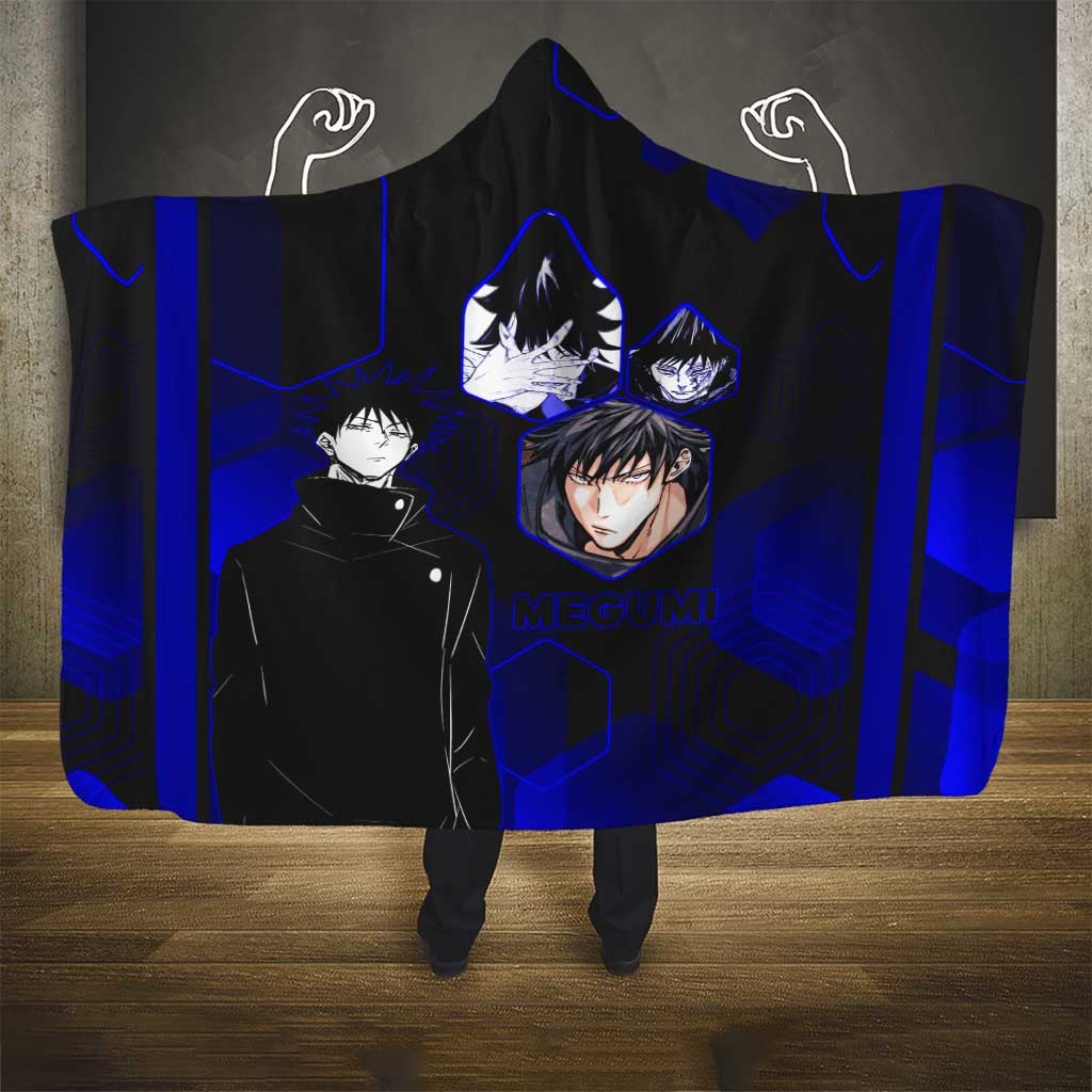 Megumi Fushiguro Jujutsu Kaisen Blue Hexagon Design Hooded Blanket with Shadow Techniques and Manga Style Art - The Mazicc