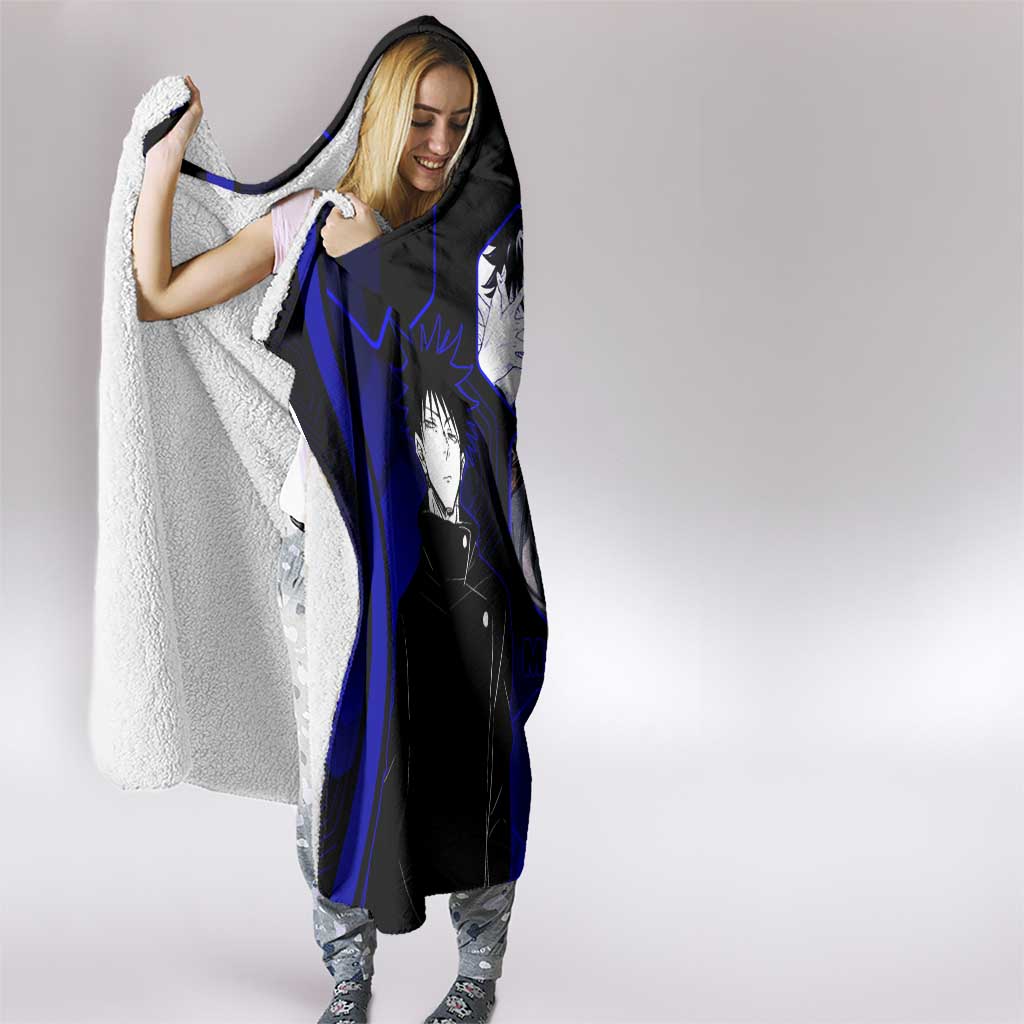Megumi Fushiguro Jujutsu Kaisen Blue Hexagon Design Hooded Blanket with Shadow Techniques and Manga Style Art - The Mazicc