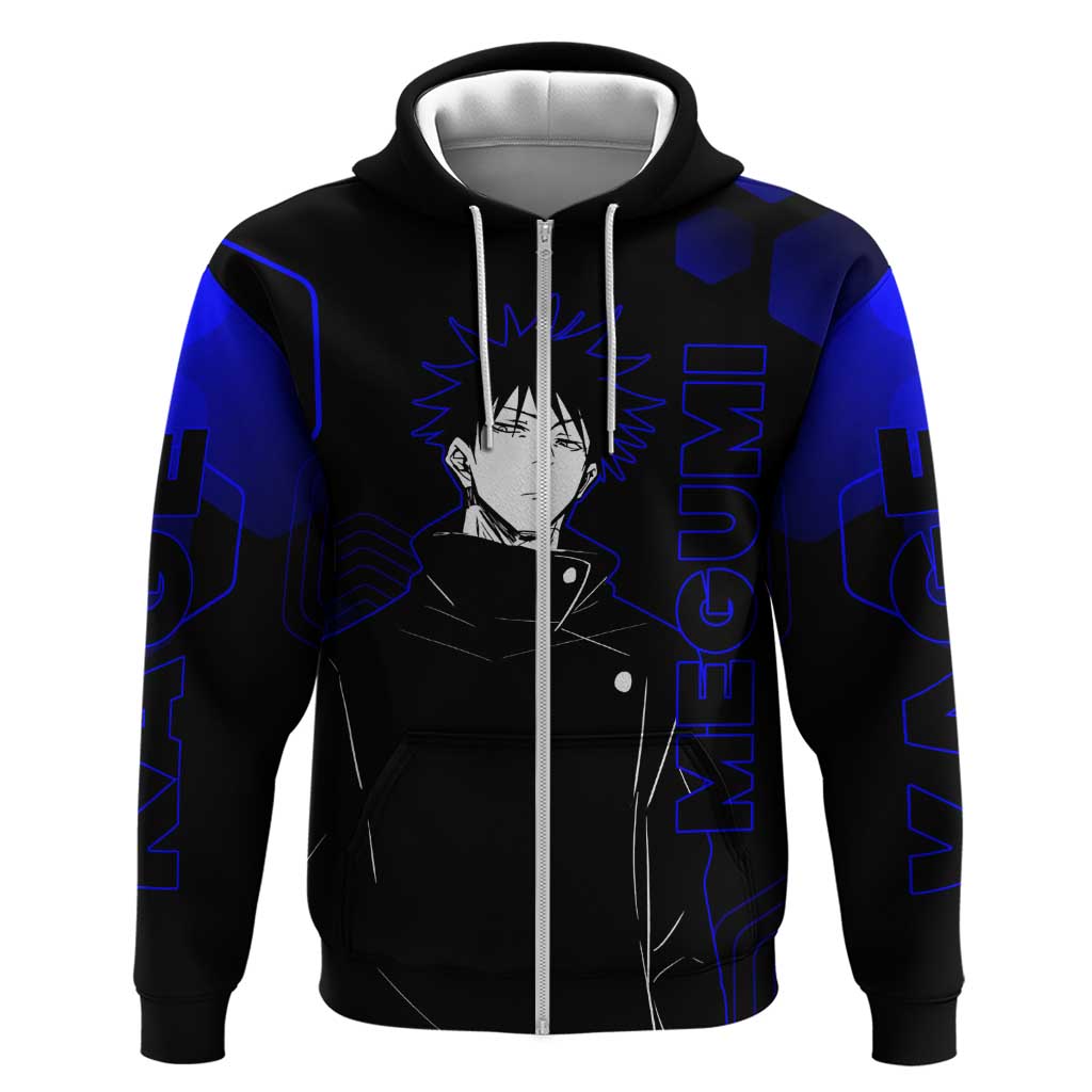 Megumi Fushiguro Jujutsu Kaisen Blue Hexagon Design Hoodie with Shadow Techniques and Manga Style Art - The Mazicc