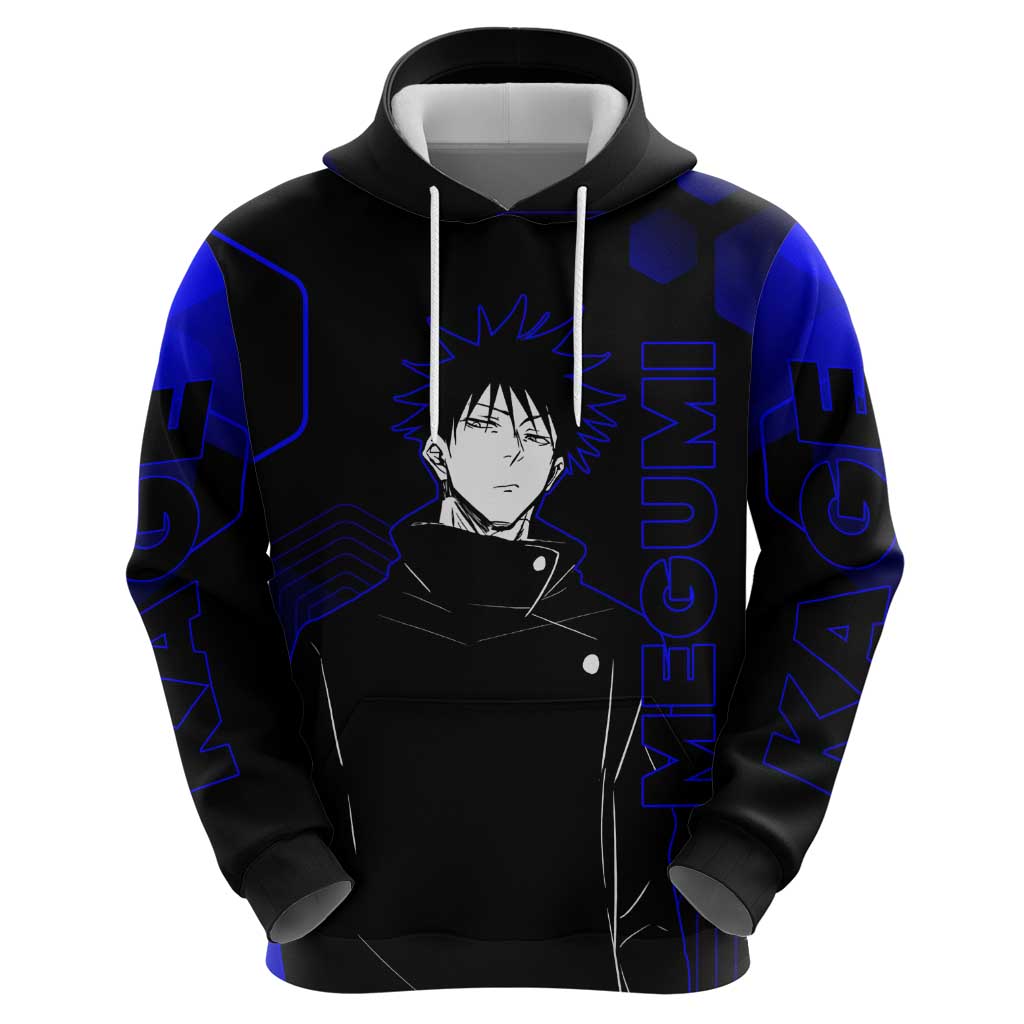 Megumi Fushiguro Jujutsu Kaisen Blue Hexagon Design Hoodie with Shadow Techniques and Manga Style Art - The Mazicc