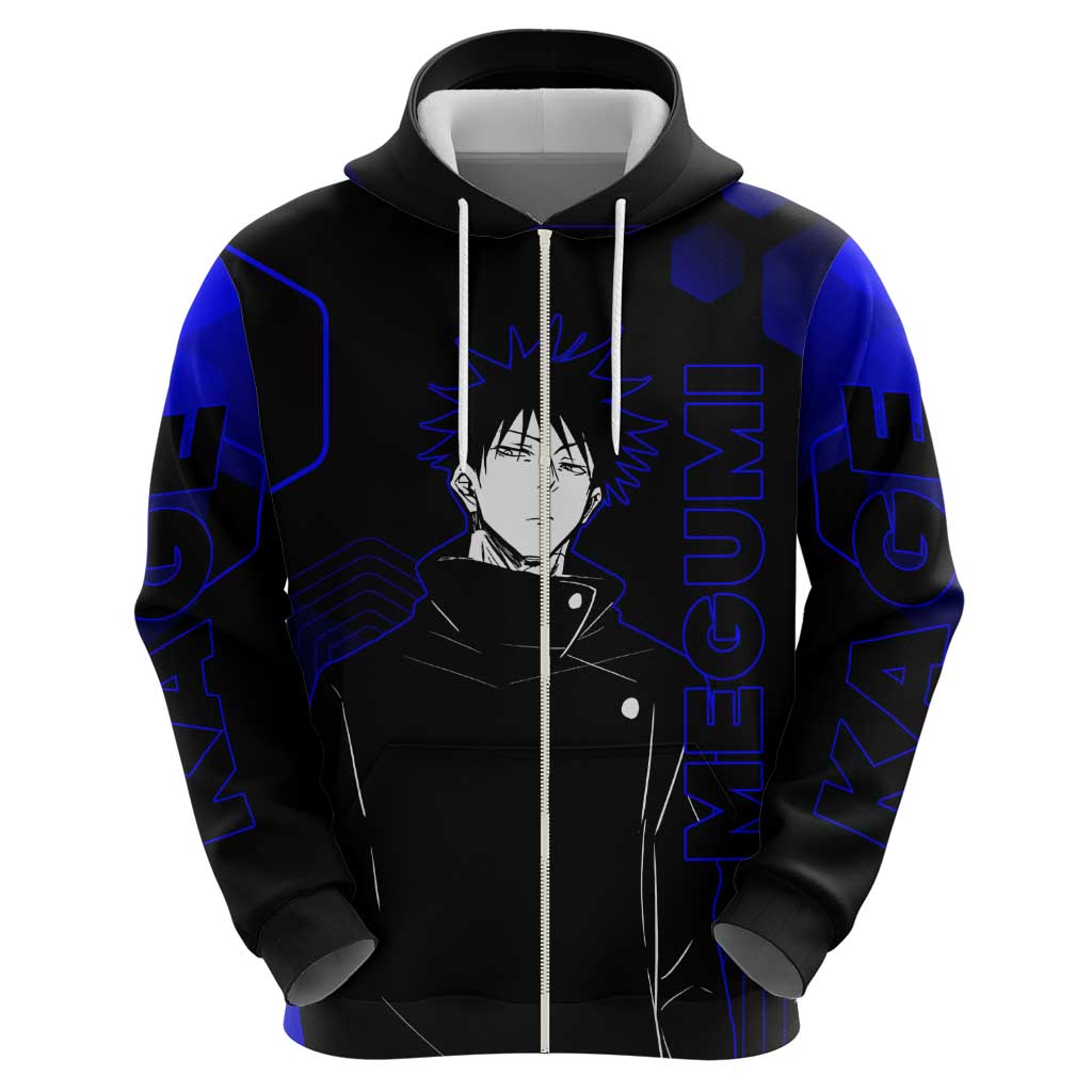 Megumi Fushiguro Jujutsu Kaisen Blue Hexagon Design Hoodie with Shadow Techniques and Manga Style Art - The Mazicc