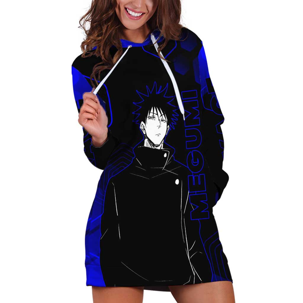 Megumi Fushiguro Jujutsu Kaisen Blue Hexagon Design Hoodie Dress with Shadow Techniques and Manga Style Art - The Mazicc