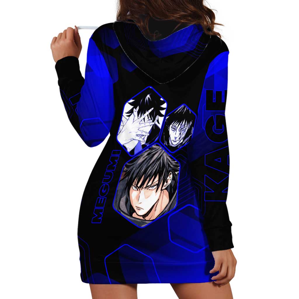 Megumi Fushiguro Jujutsu Kaisen Blue Hexagon Design Hoodie Dress with Shadow Techniques and Manga Style Art - The Mazicc