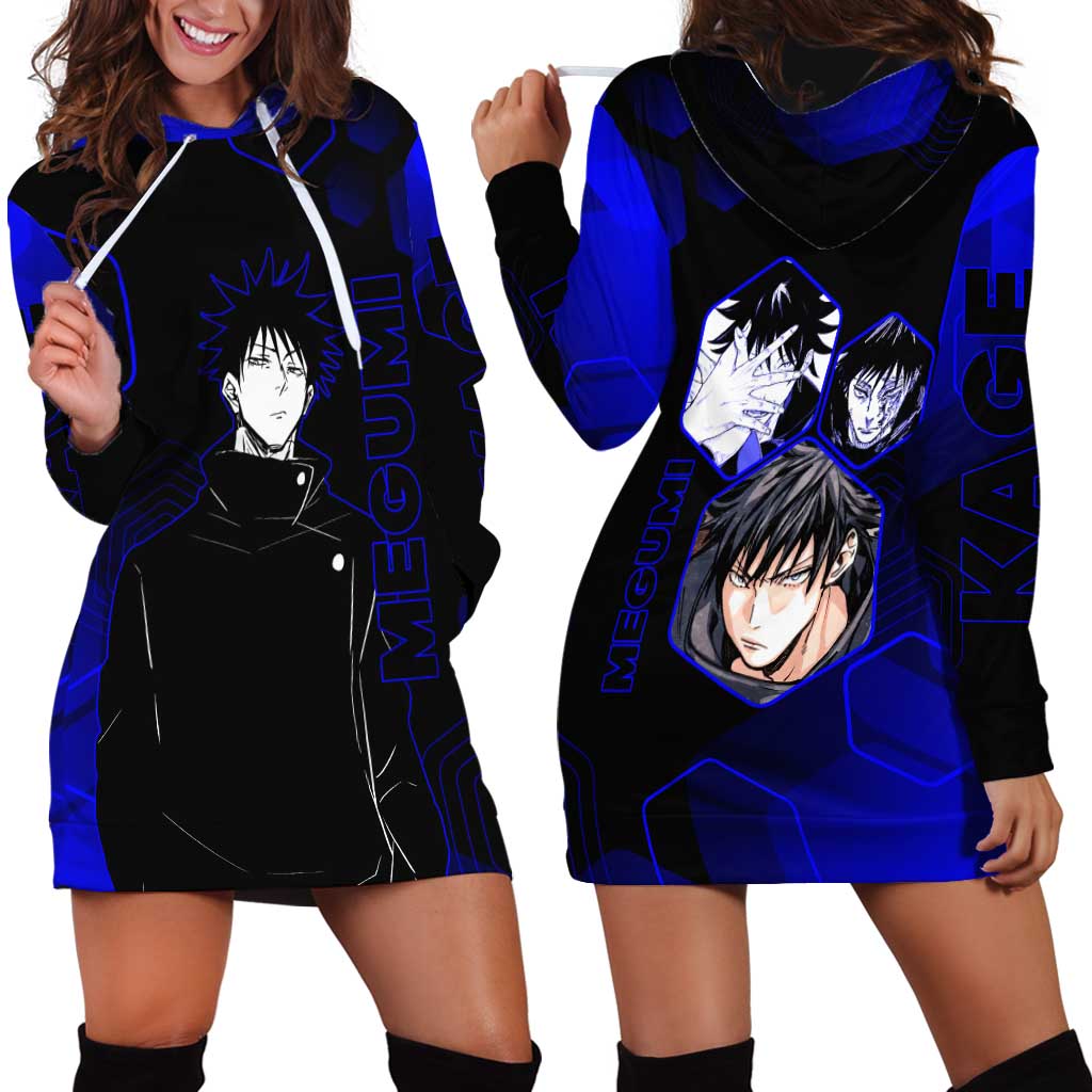 Megumi Fushiguro Jujutsu Kaisen Blue Hexagon Design Hoodie Dress with Shadow Techniques and Manga Style Art - The Mazicc