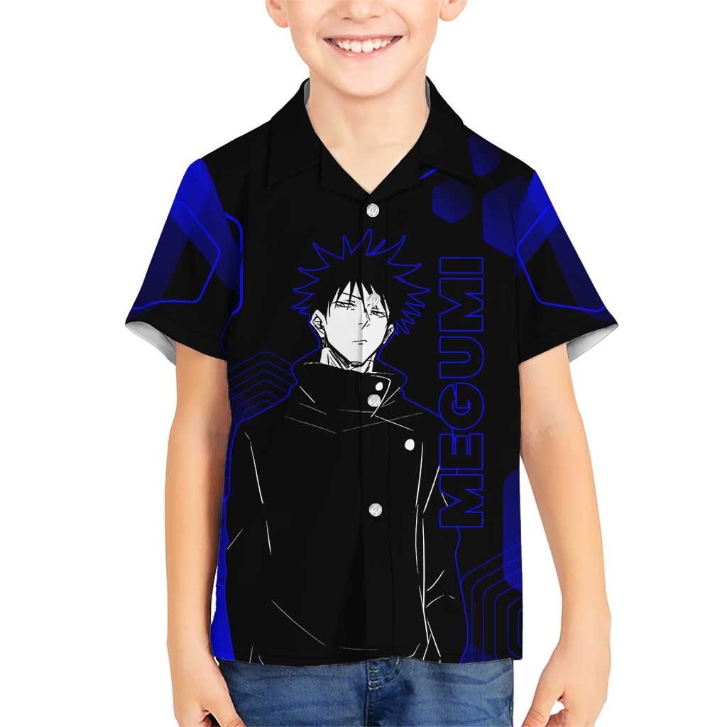 Megumi Fushiguro Jujutsu Kaisen Blue Hexagon Design Kid Hawaiian Shirt with Shadow Techniques and Manga Style Art - The Mazicc