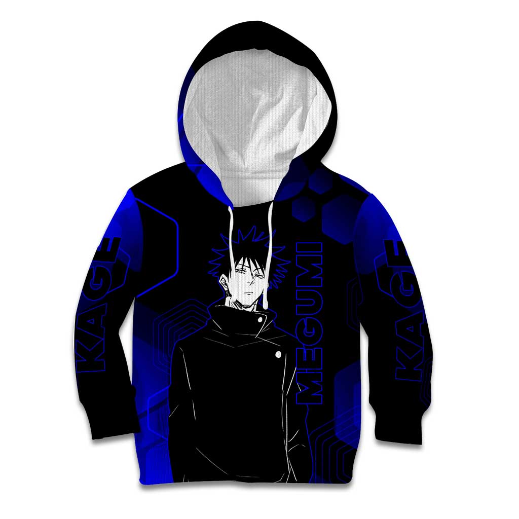 Megumi Fushiguro Jujutsu Kaisen Blue Hexagon Design Kid Hoodie with Shadow Techniques and Manga Style Art - The Mazicc
