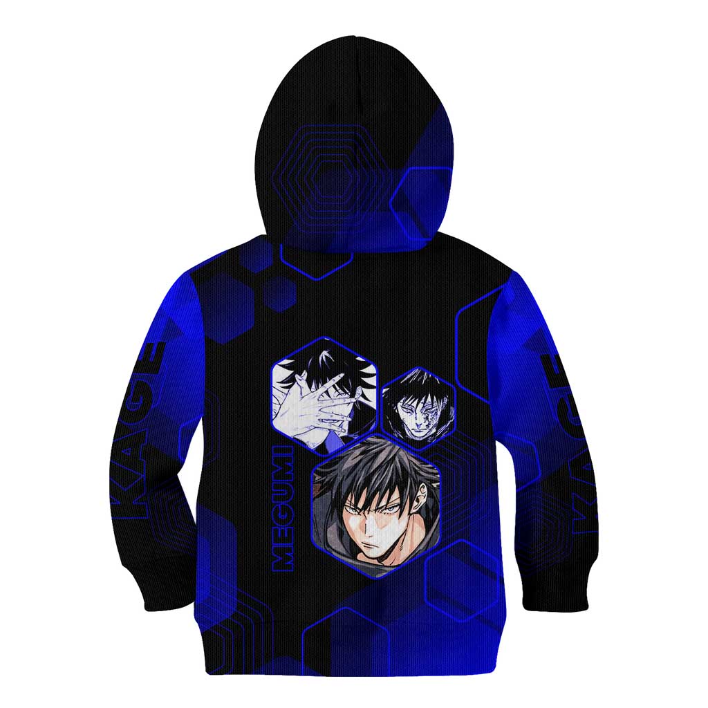 Megumi Fushiguro Jujutsu Kaisen Blue Hexagon Design Kid Hoodie with Shadow Techniques and Manga Style Art - The Mazicc
