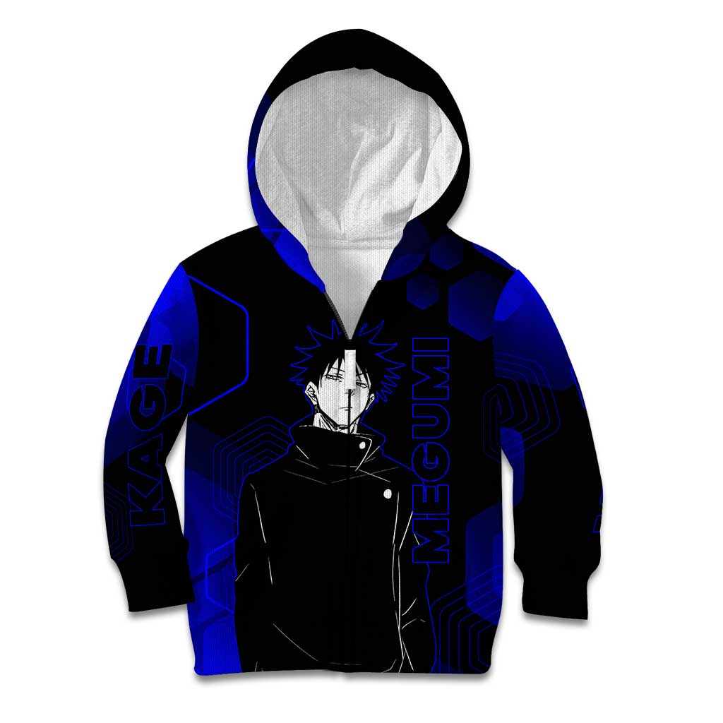 Megumi Fushiguro Jujutsu Kaisen Blue Hexagon Design Kid Hoodie with Shadow Techniques and Manga Style Art - The Mazicc