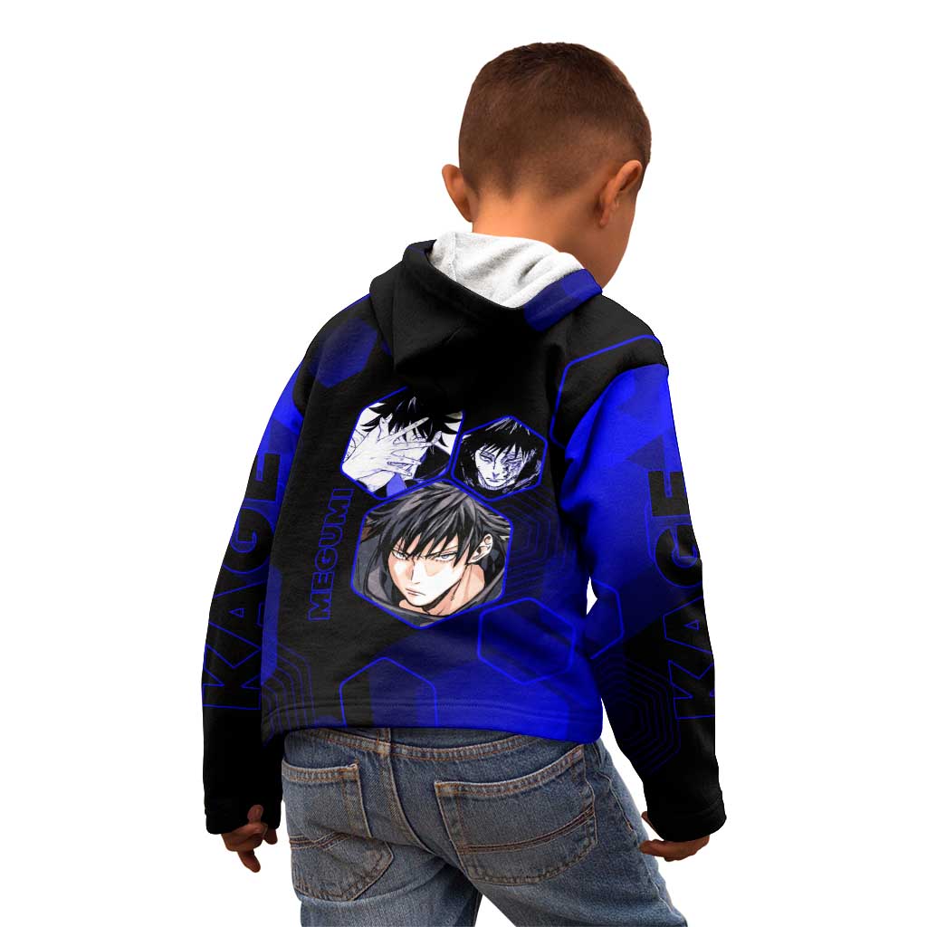 Megumi Fushiguro Jujutsu Kaisen Blue Hexagon Design Kid Hoodie with Shadow Techniques and Manga Style Art - The Mazicc