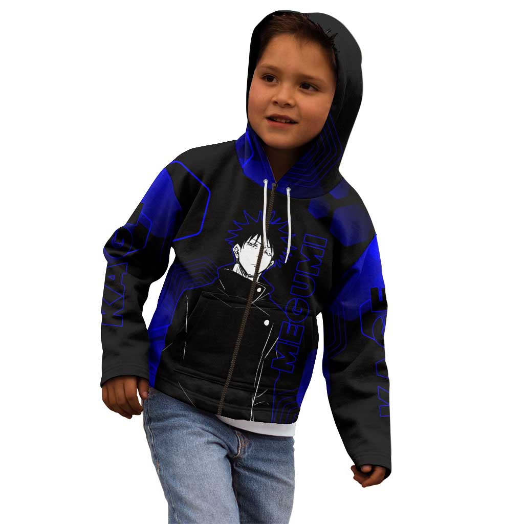 Megumi Fushiguro Jujutsu Kaisen Blue Hexagon Design Kid Hoodie with Shadow Techniques and Manga Style Art - The Mazicc