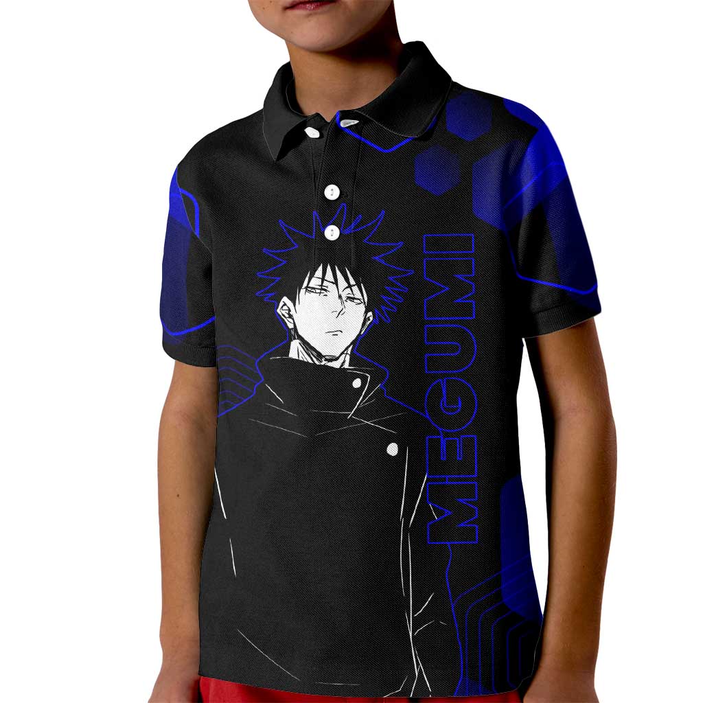 Megumi Fushiguro Jujutsu Kaisen Blue Hexagon Design Kid Polo Shirt with Shadow Techniques and Manga Style Art - The Mazicc