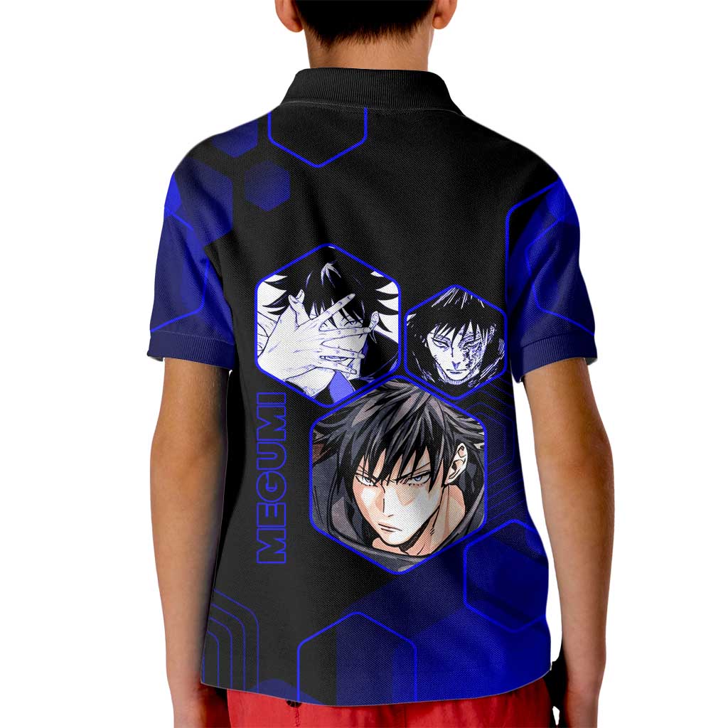 Megumi Fushiguro Jujutsu Kaisen Blue Hexagon Design Kid Polo Shirt with Shadow Techniques and Manga Style Art - The Mazicc