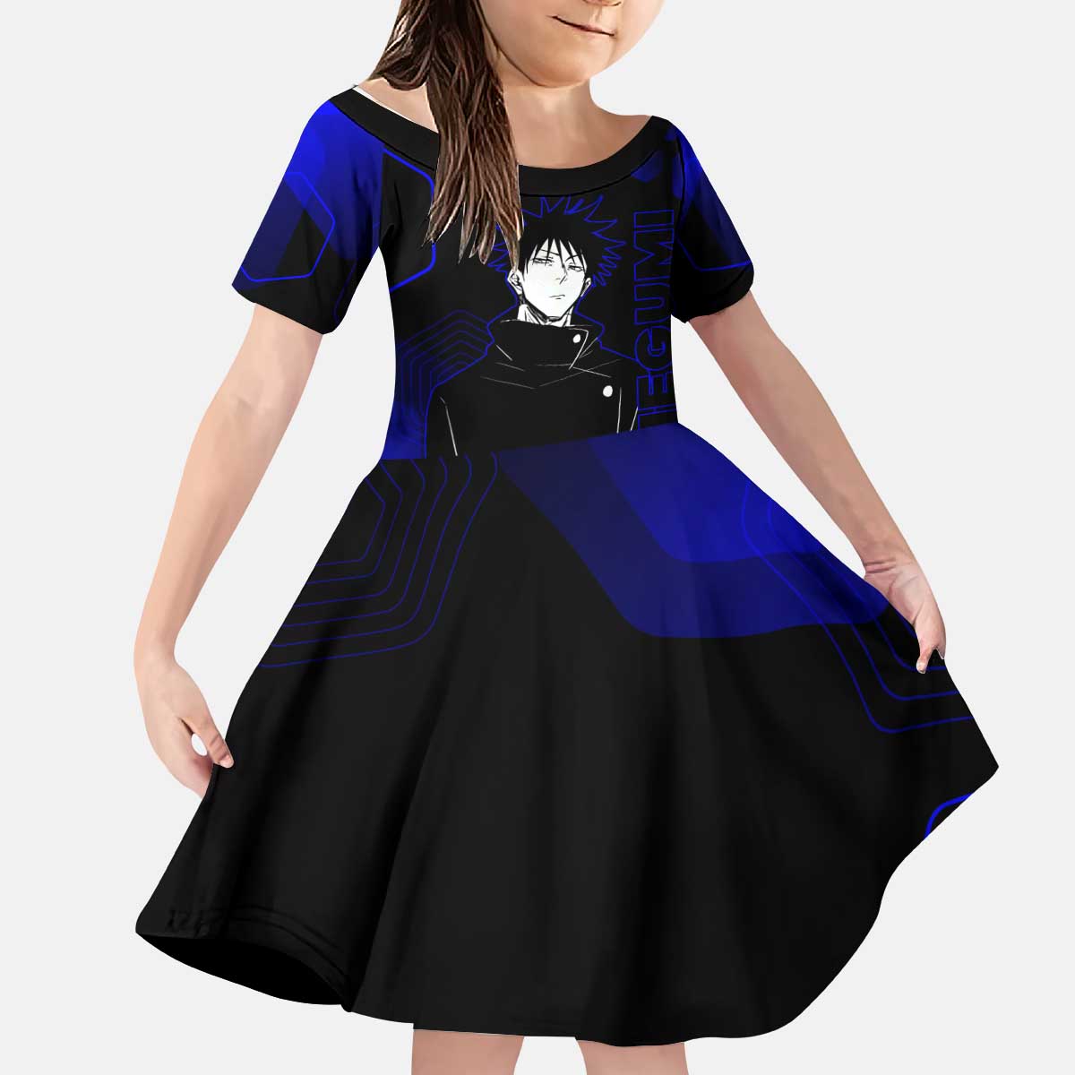 Megumi Fushiguro Jujutsu Kaisen Blue Hexagon Design Kid Short Sleeve Dress with Shadow Techniques and Manga Style Art - The Mazicc