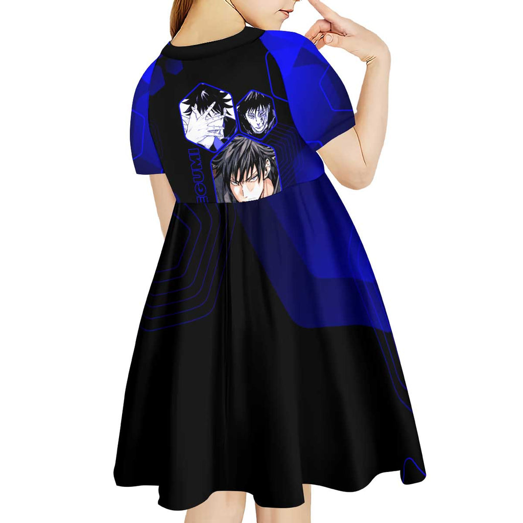 Megumi Fushiguro Jujutsu Kaisen Blue Hexagon Design Kid Short Sleeve Dress with Shadow Techniques and Manga Style Art - The Mazicc