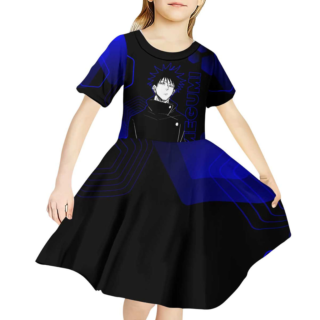 Megumi Fushiguro Jujutsu Kaisen Blue Hexagon Design Kid Short Sleeve Dress with Shadow Techniques and Manga Style Art - The Mazicc
