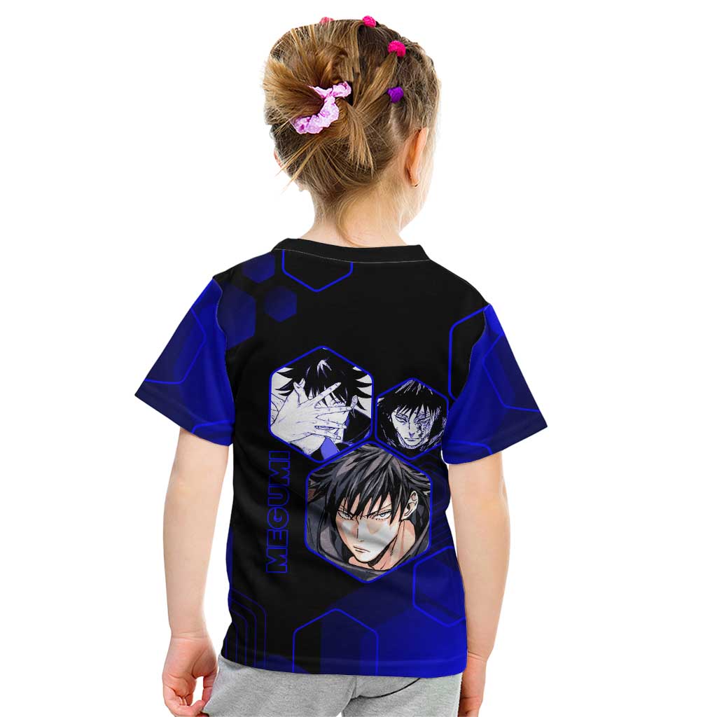 Megumi Fushiguro Jujutsu Kaisen Blue Hexagon Design Kid T Shirt with Shadow Techniques and Manga Style Art - The Mazicc
