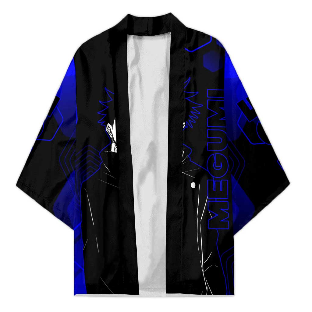 Megumi Fushiguro Jujutsu Kaisen Blue Hexagon Design Kimono with Shadow Techniques and Manga Style Art - The Mazicc