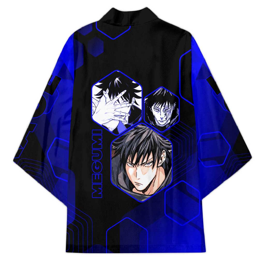 Megumi Fushiguro Jujutsu Kaisen Blue Hexagon Design Kimono with Shadow Techniques and Manga Style Art - The Mazicc