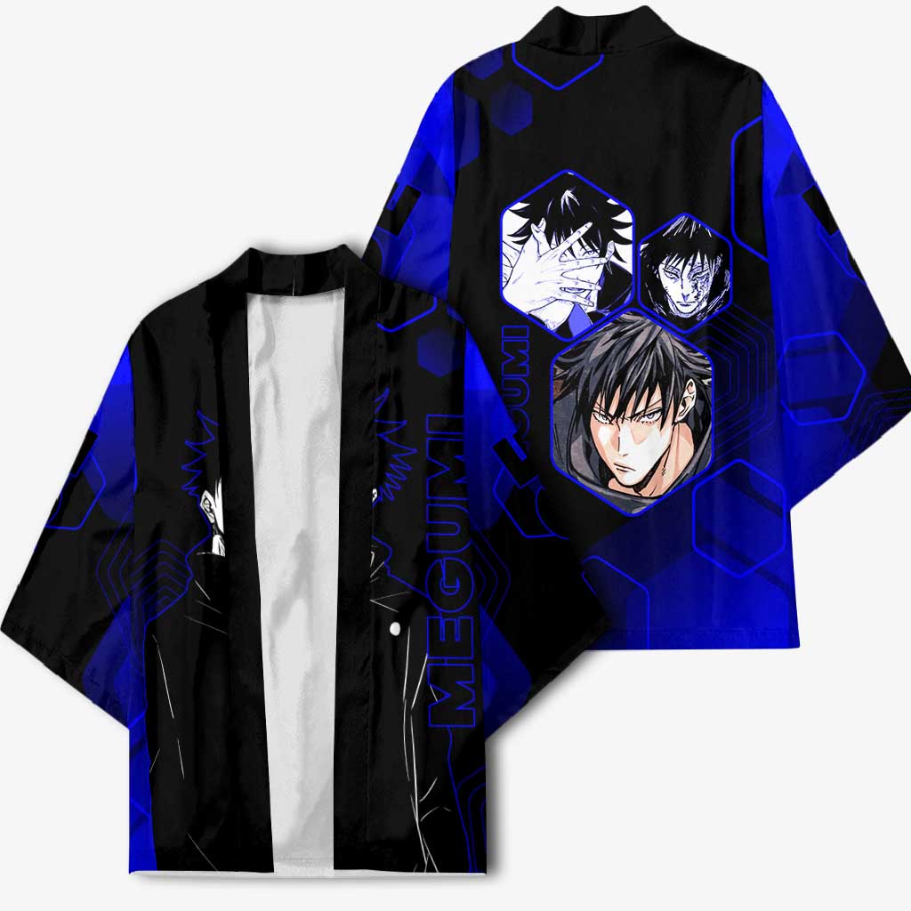 Megumi Fushiguro Jujutsu Kaisen Blue Hexagon Design Kimono with Shadow Techniques and Manga Style Art - The Mazicc