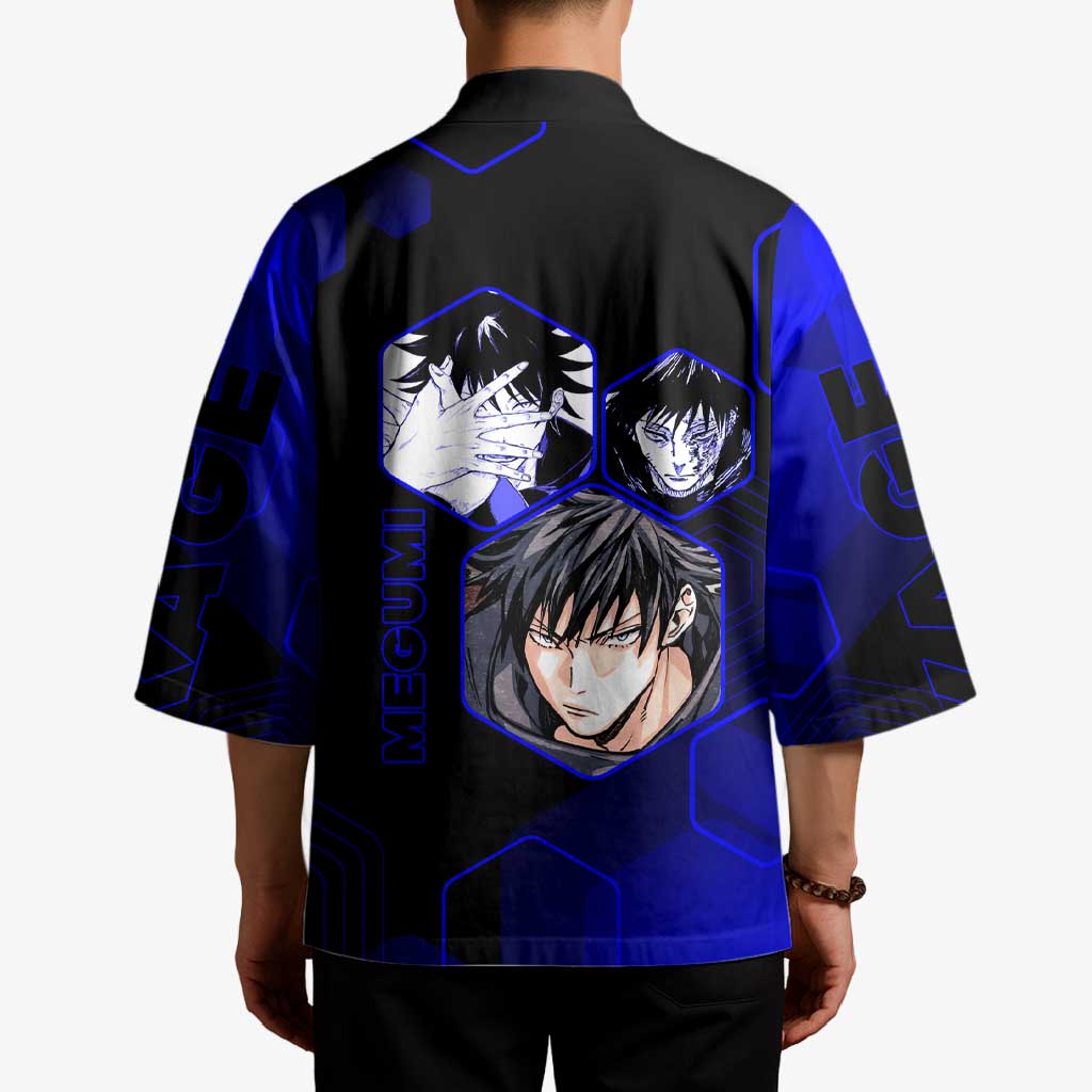 Megumi Fushiguro Jujutsu Kaisen Blue Hexagon Design Kimono with Shadow Techniques and Manga Style Art - The Mazicc