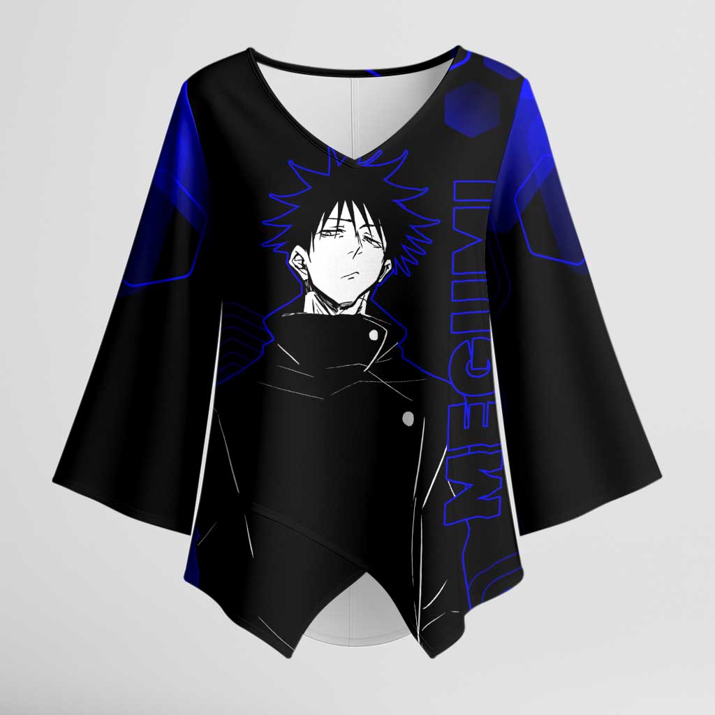 Megumi Fushiguro Jujutsu Kaisen Blue Hexagon Design Kimono Sleeve Blouse with Shadow Techniques and Manga Style Art - The Mazicc