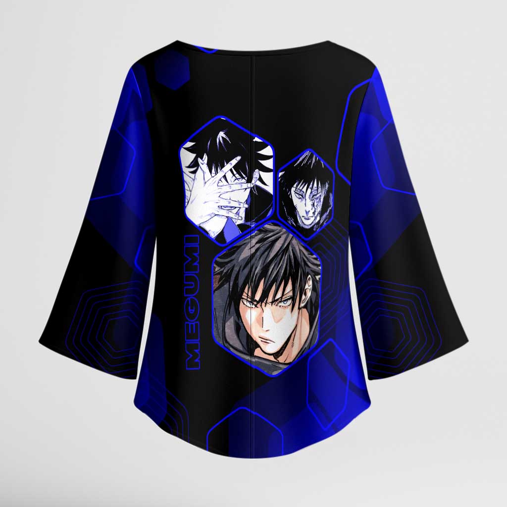 Megumi Fushiguro Jujutsu Kaisen Blue Hexagon Design Kimono Sleeve Blouse with Shadow Techniques and Manga Style Art - The Mazicc