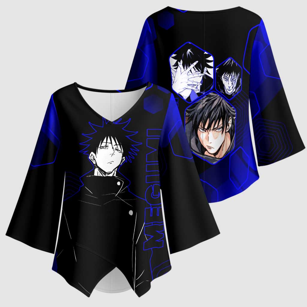 Megumi Fushiguro Jujutsu Kaisen Blue Hexagon Design Kimono Sleeve Blouse with Shadow Techniques and Manga Style Art - The Mazicc