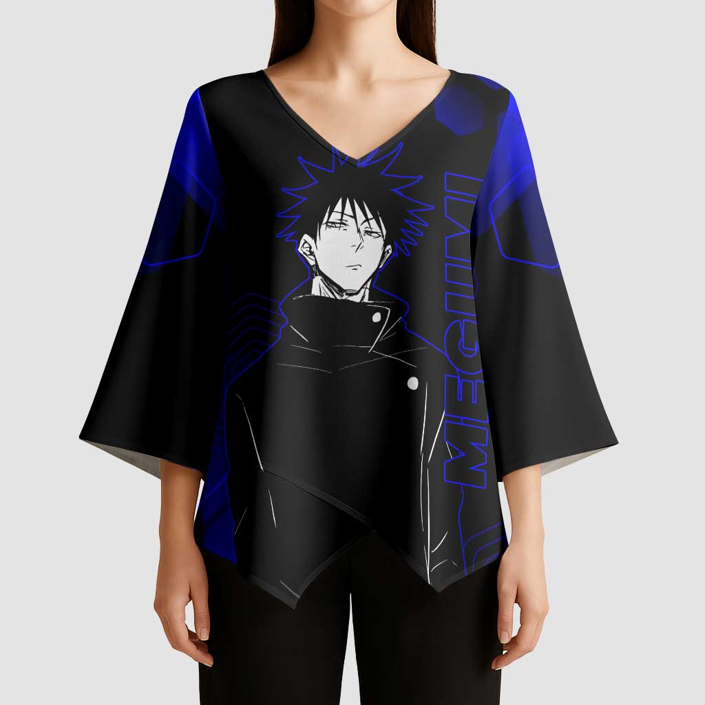 Megumi Fushiguro Jujutsu Kaisen Blue Hexagon Design Kimono Sleeve Blouse with Shadow Techniques and Manga Style Art - The Mazicc