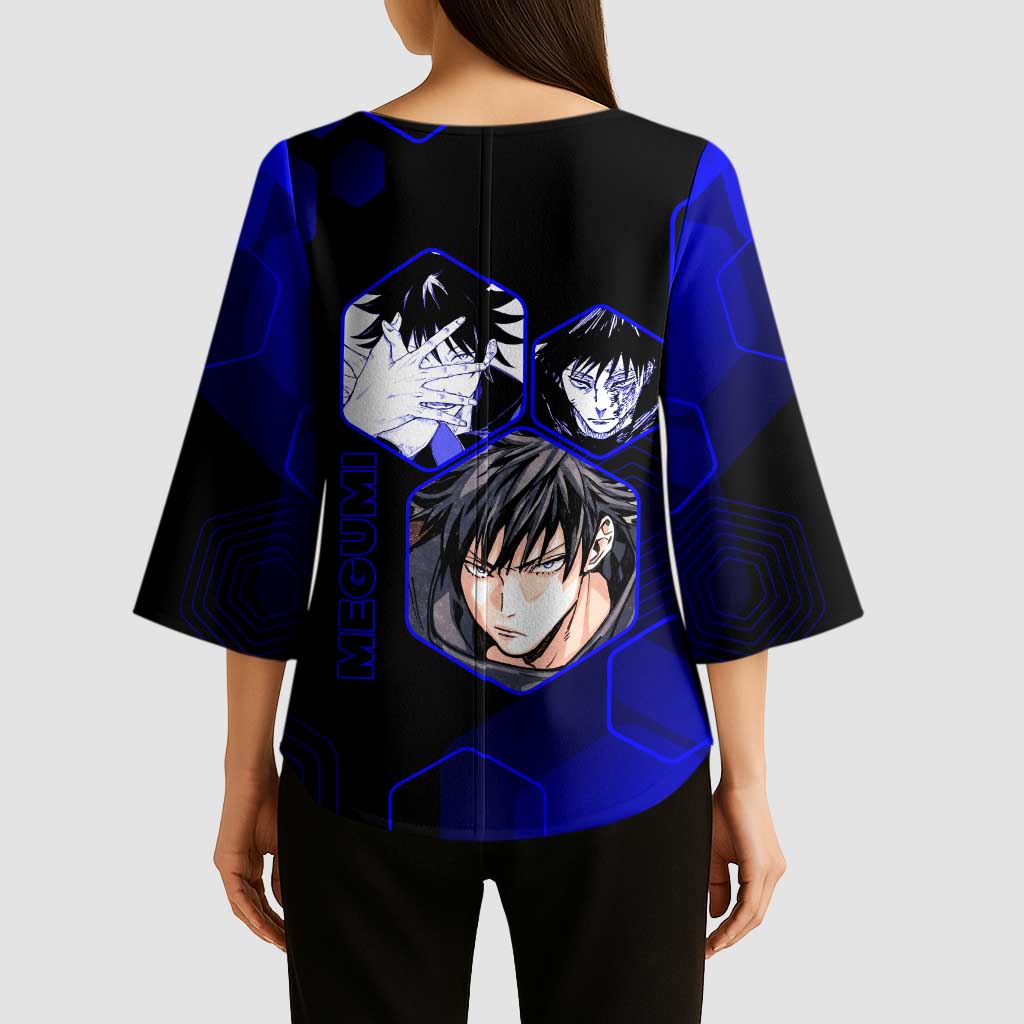 Megumi Fushiguro Jujutsu Kaisen Blue Hexagon Design Kimono Sleeve Blouse with Shadow Techniques and Manga Style Art - The Mazicc