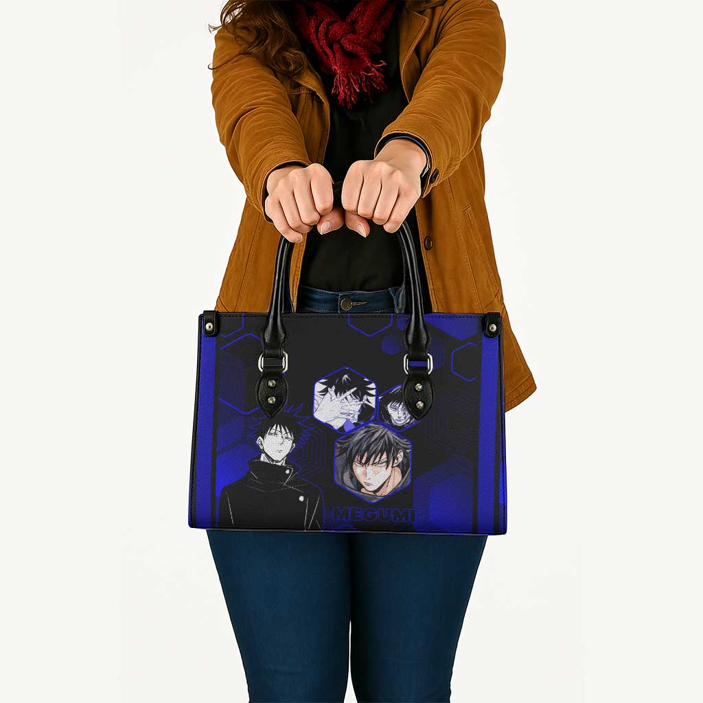 Megumi Fushiguro Jujutsu Kaisen Blue Hexagon Design Leather Bag with Shadow Techniques and Manga Style Art - The Mazicc