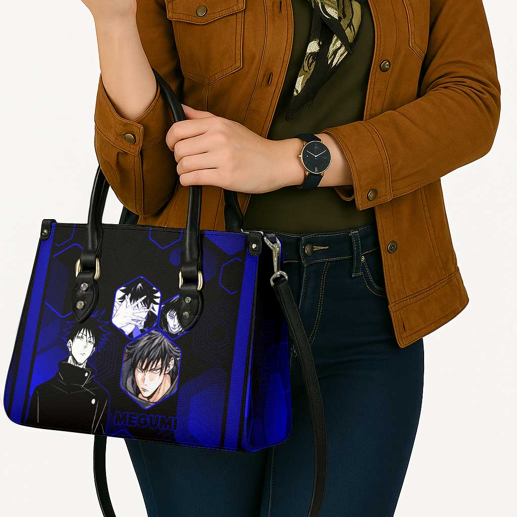 Megumi Fushiguro Jujutsu Kaisen Blue Hexagon Design Leather Bag with Shadow Techniques and Manga Style Art - The Mazicc