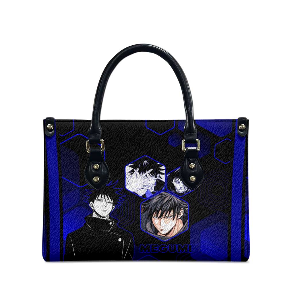 Megumi Fushiguro Jujutsu Kaisen Blue Hexagon Design Leather Bag with Shadow Techniques and Manga Style Art - The Mazicc