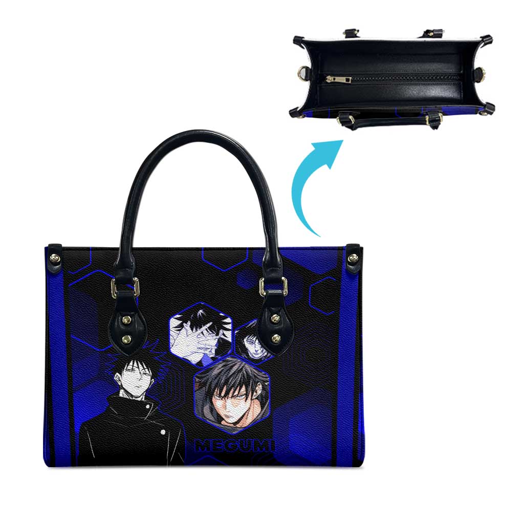 Megumi Fushiguro Jujutsu Kaisen Blue Hexagon Design Leather Bag with Shadow Techniques and Manga Style Art - The Mazicc