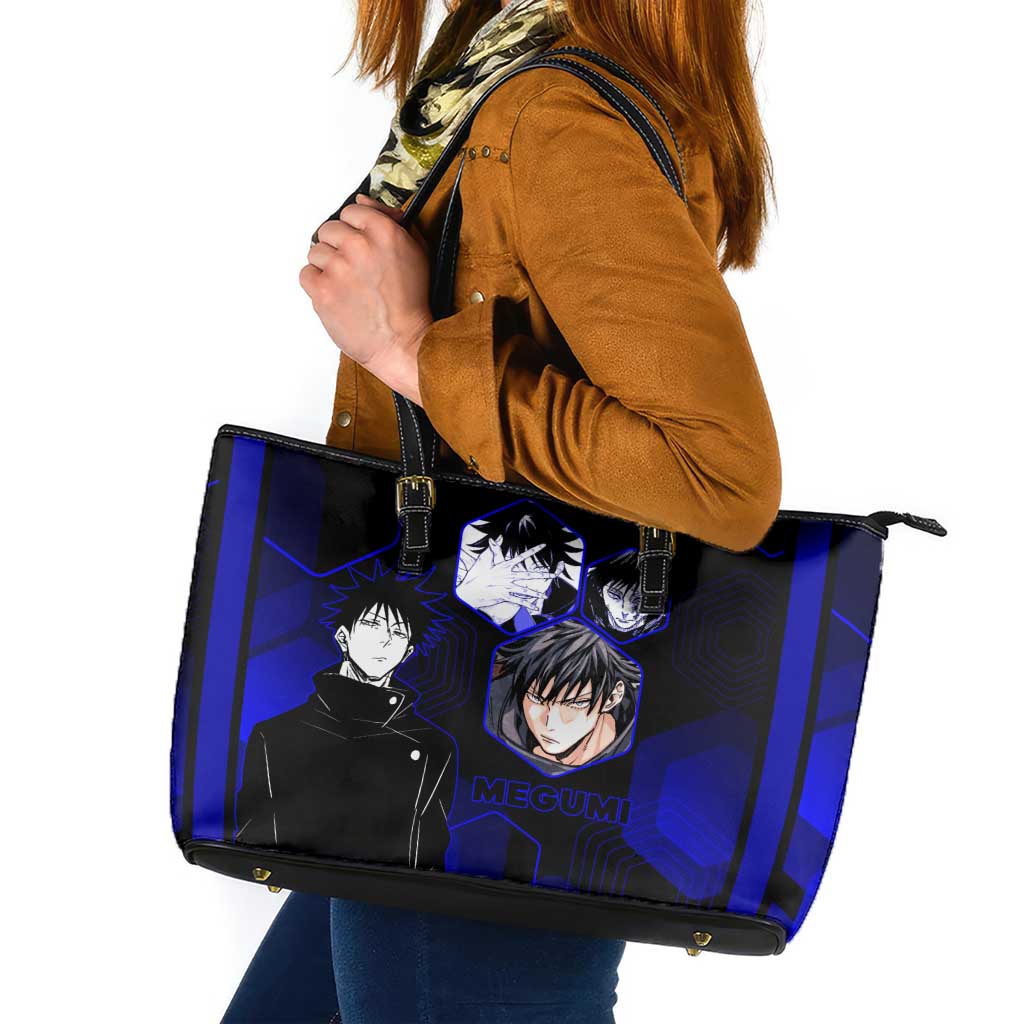 Megumi Fushiguro Jujutsu Kaisen Blue Hexagon Design Leather Tote Bag with Shadow Techniques and Manga Style Art - The Mazicc