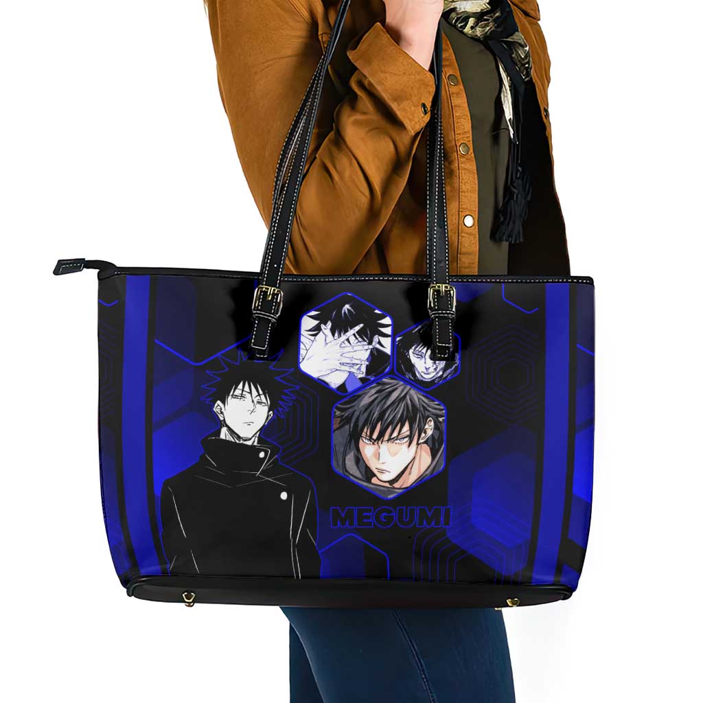 Megumi Fushiguro Jujutsu Kaisen Blue Hexagon Design Leather Tote Bag with Shadow Techniques and Manga Style Art - The Mazicc