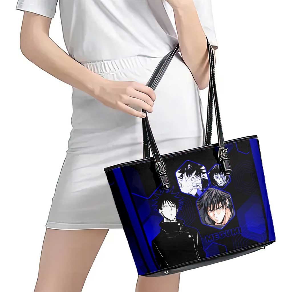 Megumi Fushiguro Jujutsu Kaisen Blue Hexagon Design Leather Tote Bag with Shadow Techniques and Manga Style Art - The Mazicc