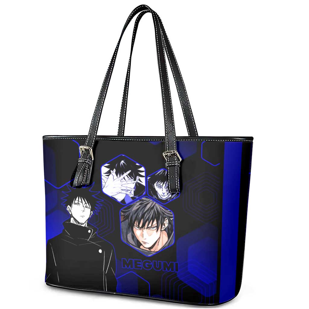 Megumi Fushiguro Jujutsu Kaisen Blue Hexagon Design Leather Tote Bag with Shadow Techniques and Manga Style Art - The Mazicc