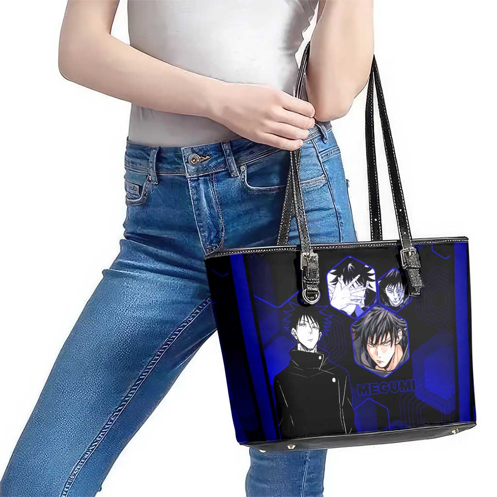 Megumi Fushiguro Jujutsu Kaisen Blue Hexagon Design Leather Tote Bag with Shadow Techniques and Manga Style Art - The Mazicc