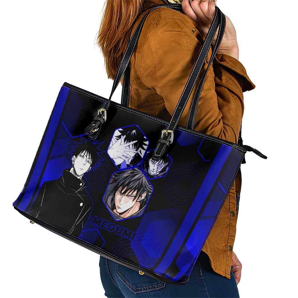 Megumi Fushiguro Jujutsu Kaisen Blue Hexagon Design Leather Tote Bag with Shadow Techniques and Manga Style Art - The Mazicc