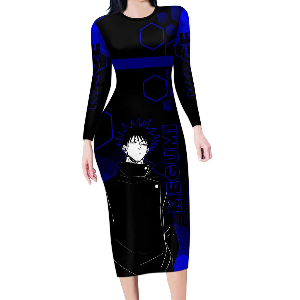 Megumi Fushiguro Jujutsu Kaisen Blue Hexagon Design Long Sleeve Bodycon Dress with Shadow Techniques and Manga Style Art - The Mazicc