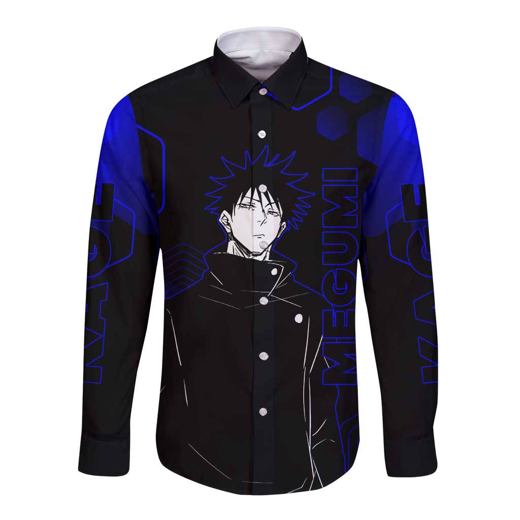 Megumi Fushiguro Jujutsu Kaisen Blue Hexagon Design Long Sleeve Button Shirt with Shadow Techniques and Manga Style Art - The Mazicc